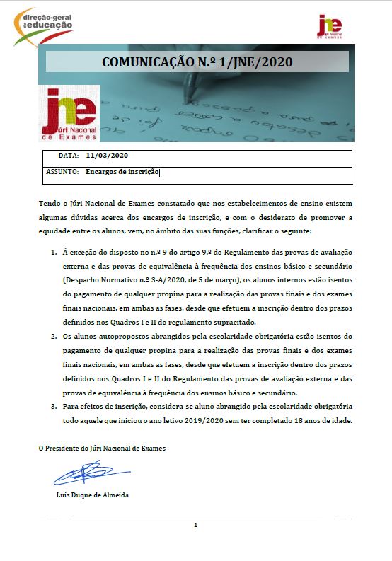 Comunicação n.º 1: Encargos de inscrição