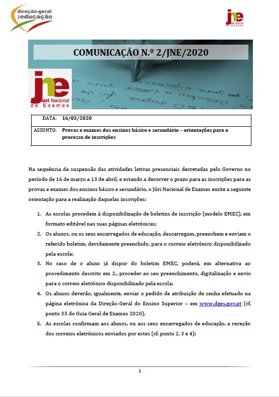 Comunicação n.º 2: Provas e exames dos ensinos básico e secundário – orientações para o processo de inscrições