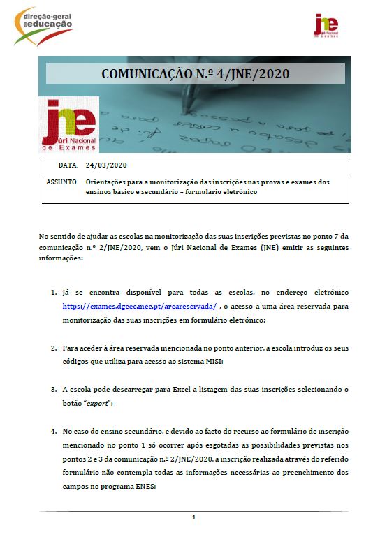 Comunicação n.º 4: Orientações para a monitorização das inscrições nas provas e exames dos ensinos básico e secundário – formulário eletrónico