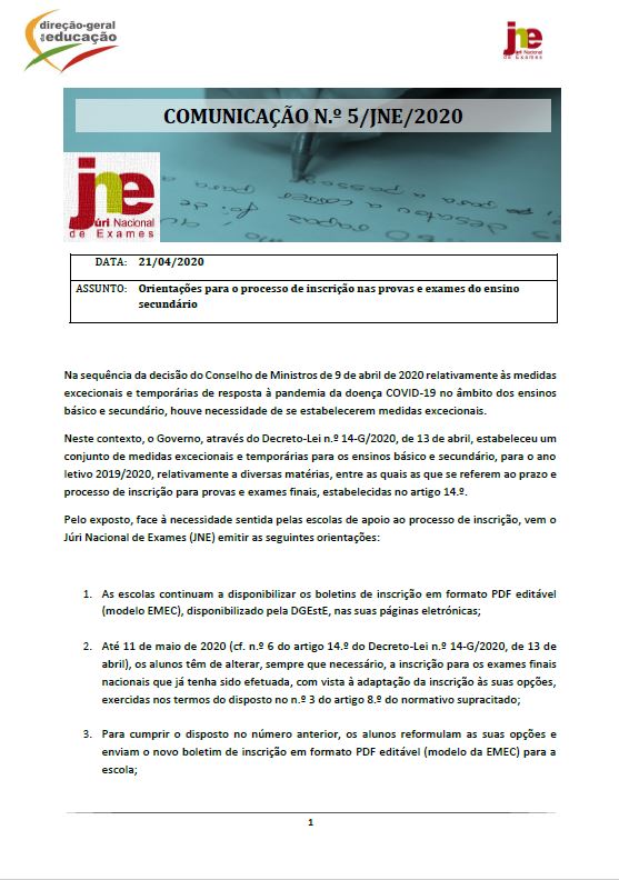 Comunicação n.º 5: Orientações para o processo de inscrição nas provas e exames do ensinosecundário