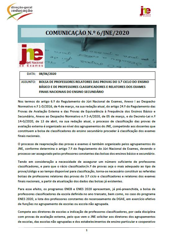 Comunicação n.º 6: Bolsa de professores relatores das provas do 3.º ciclo do ensino básico e de professores classificadores e relatores dos exames finais nacionais do ensino secundário