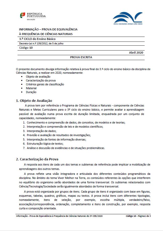 Informação prova de equivalência à frequência