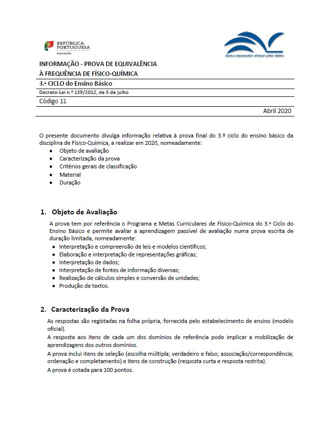 Informação prova de equivalência à frequência