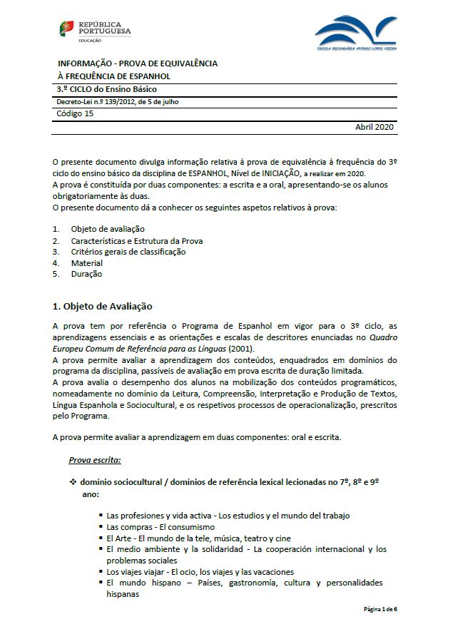 Informação prova de equivalência à frequência