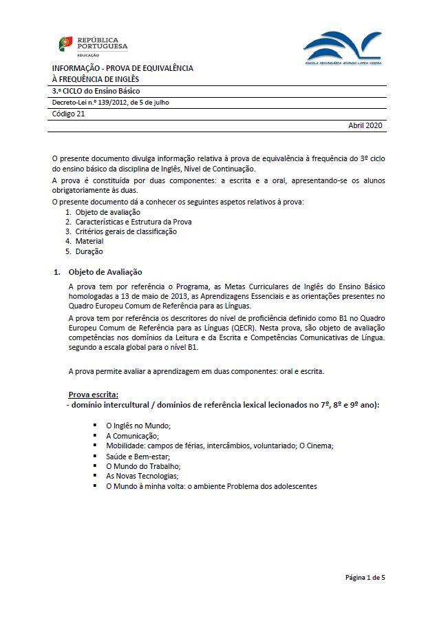 Informação prova de equivalência à frequência