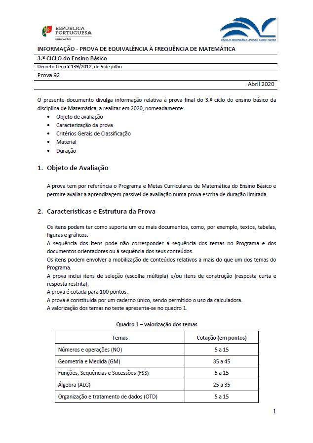 Informação prova de equivalência à frequência