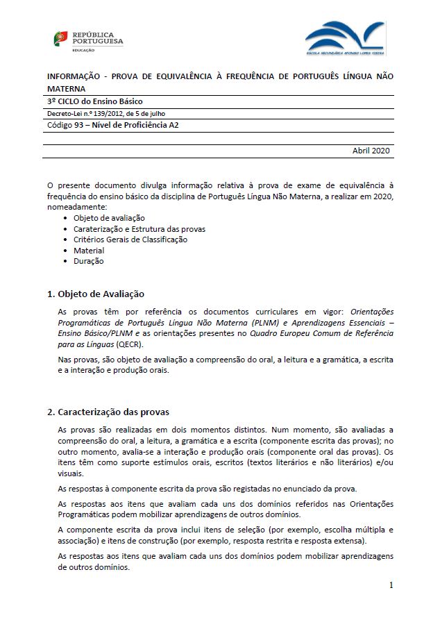 Informação prova de equivalência à frequência