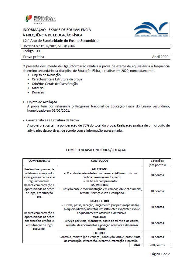 Informação prova de equivalência à frequência