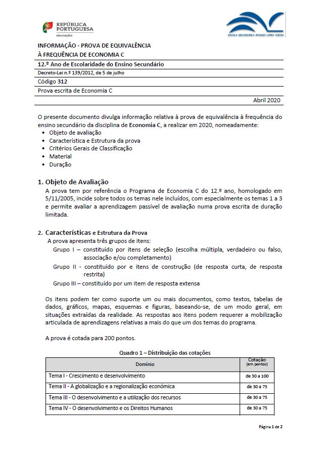 Informação prova de equivalência à frequência