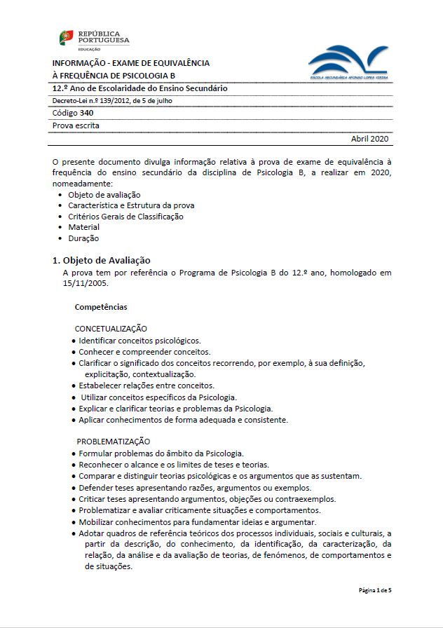 Informação prova de equivalência à frequência