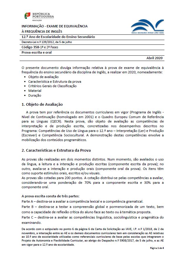 Informação prova de equivalência à frequência