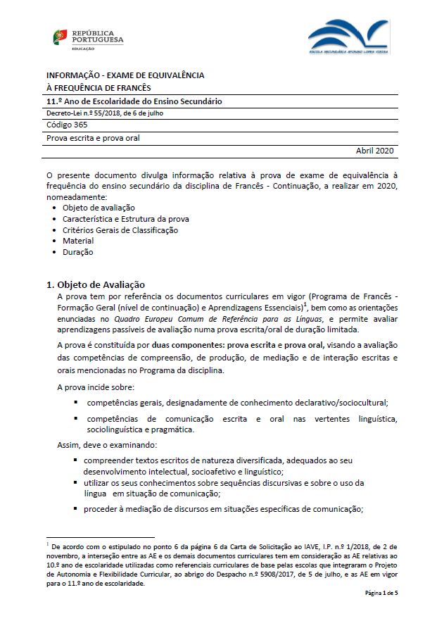Informação prova de equivalência à frequência