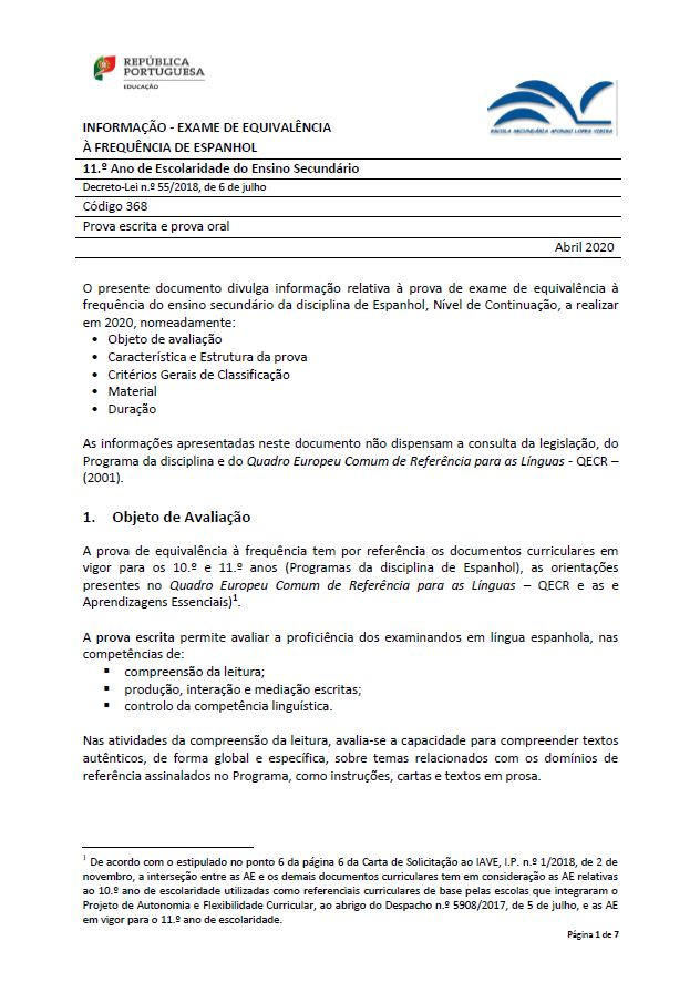 Informação prova de equivalência à frequência
