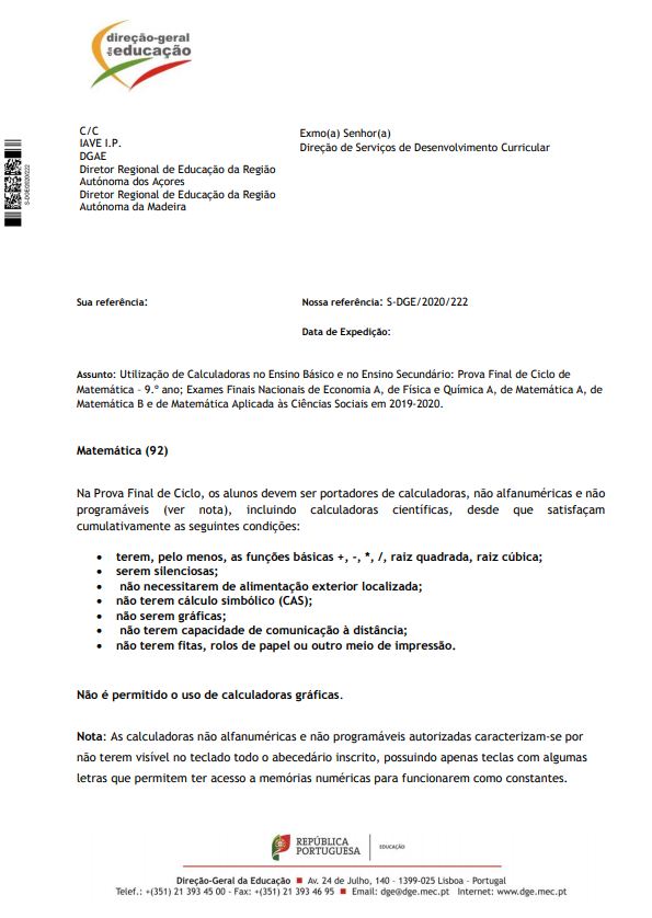 Ofício: Utilização de Calculadoras no Ensino Básico e no Ensino Secundário / JNE 2020