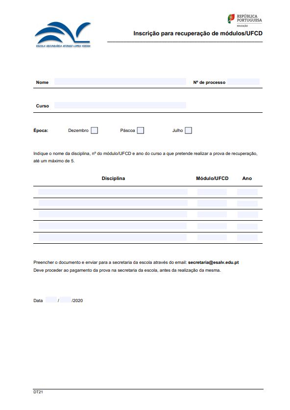 Formulário para preenchimento - Inscrição para recuperação de módulos/UFCD
