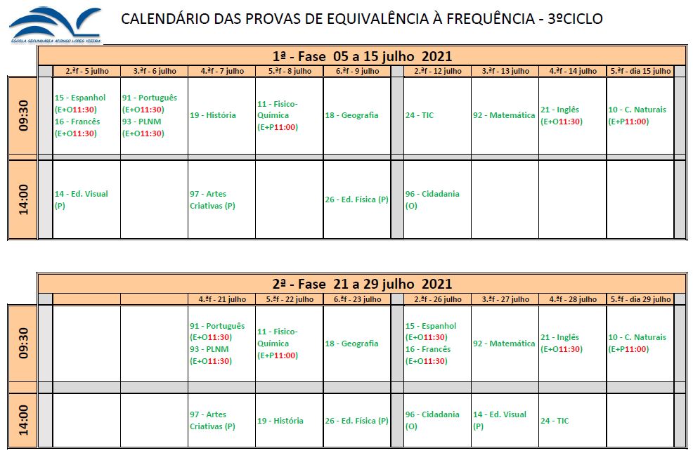 calendario exames 1.ª fase 2021 - 3.º Ciclo