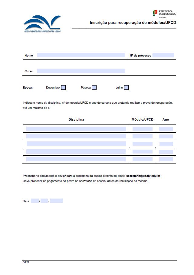 Formulário para preenchimento - Inscrição para recuperação de módulos/UFCD