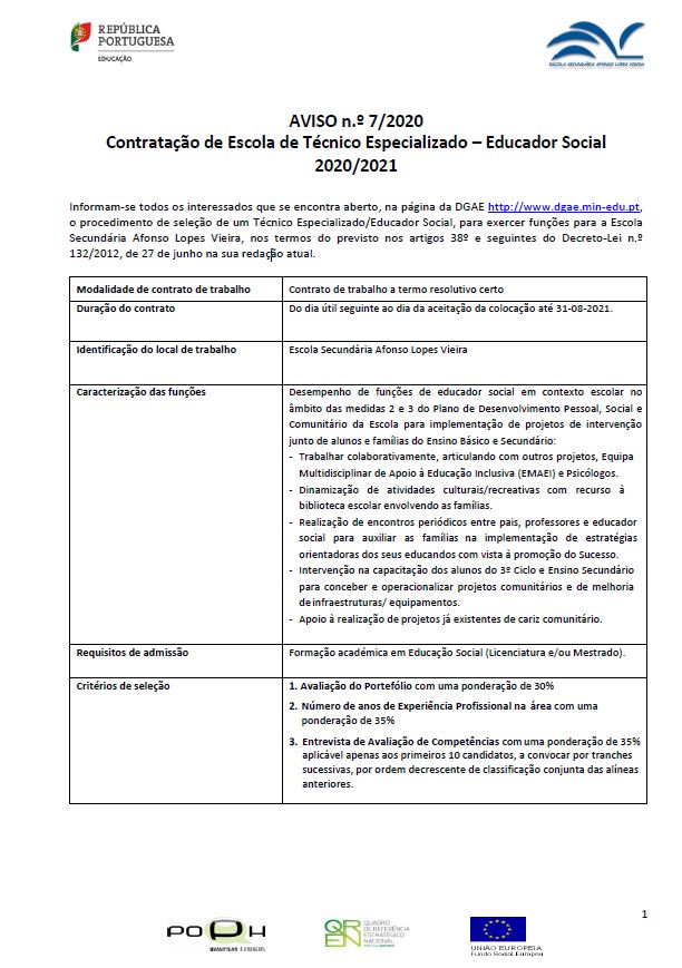 Aviso Abertura Técnico Especializado - Educador Social