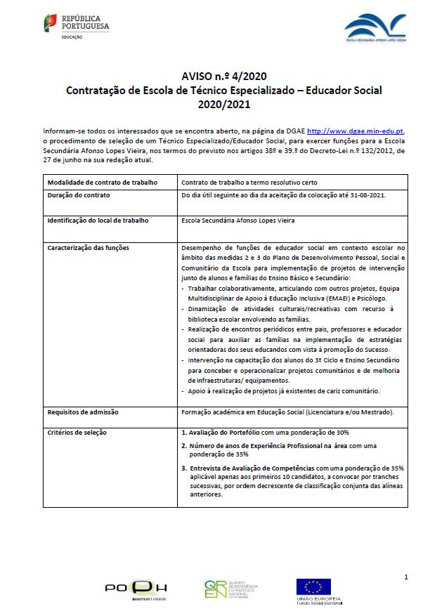 Aviso Abertura Técnico Especializado - Educador Social