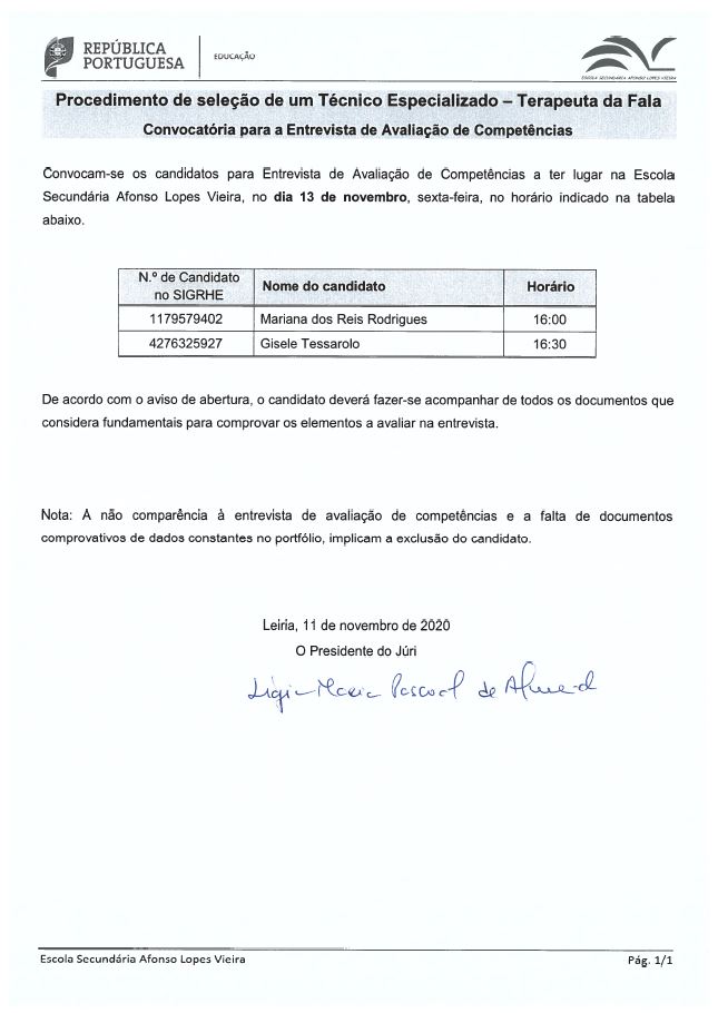 Convocatória - Técnico Especializado - Terapeuta da Fala