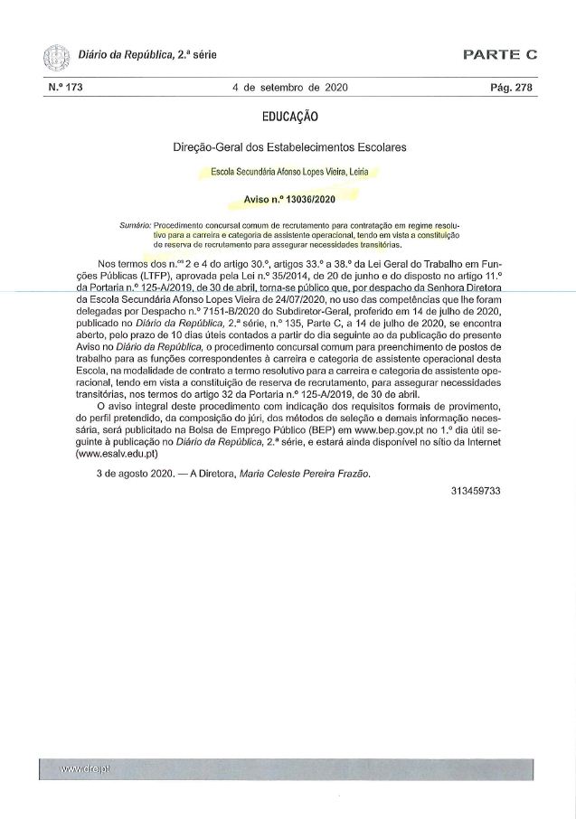 Aviso Abertura Assistentes Operacionais Contratacao tempo indeterminado signed