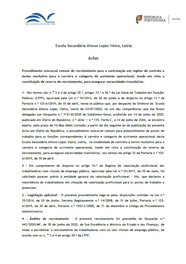 Aviso Abertura Assistentes Operacionais Contratacao tempo indeterminado signed