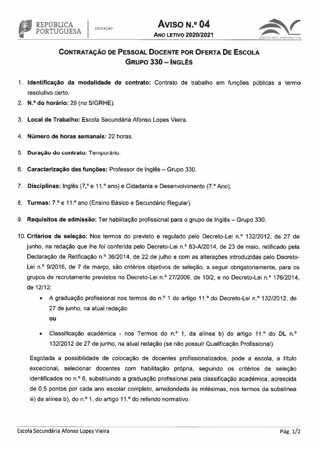 Contratação de Escola - 2020/2021