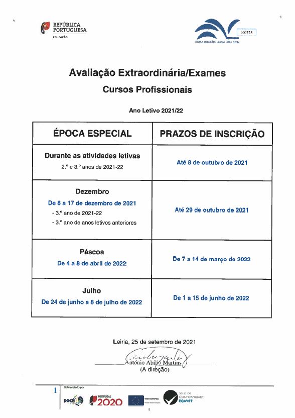Inscrição para recuperação de módulos/UFCD - ano letivo 2021/22