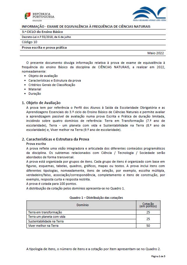 Informação prova de equivalência à frequência