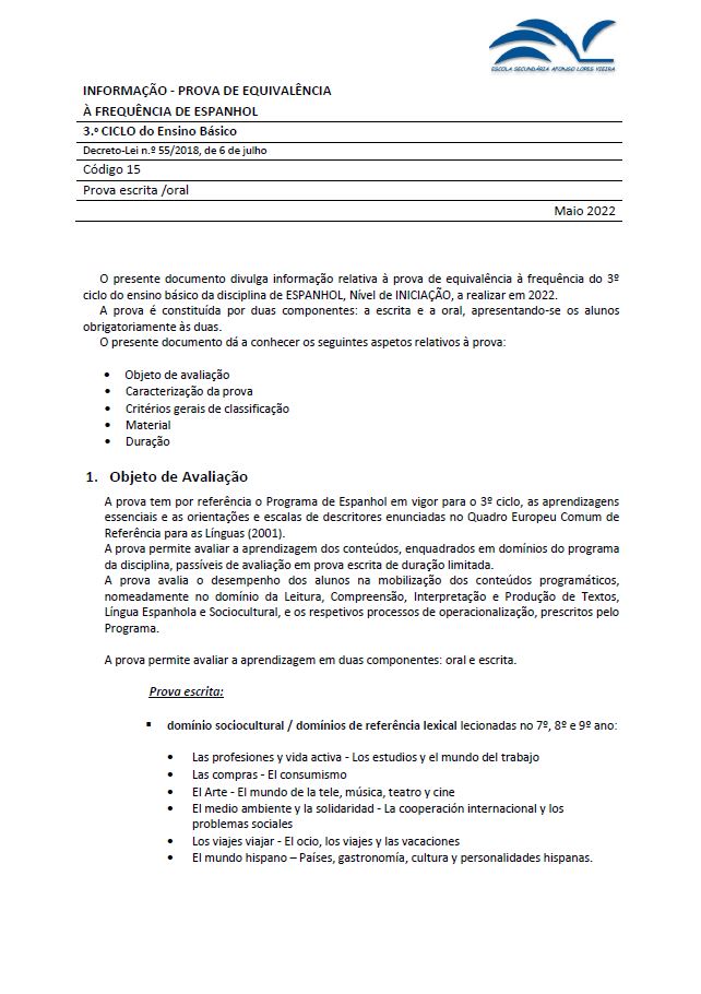 Informação prova de equivalência à frequência