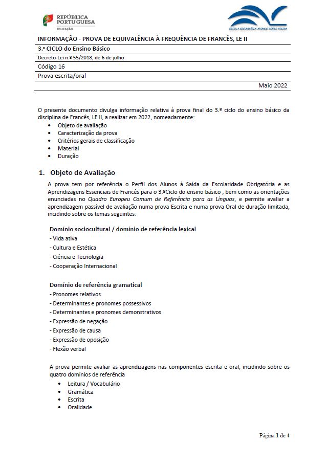 Informação prova de equivalência à frequência