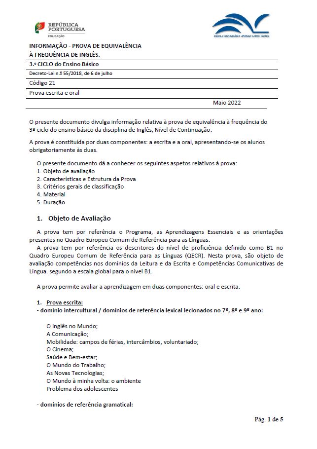 Informação prova de equivalência à frequência