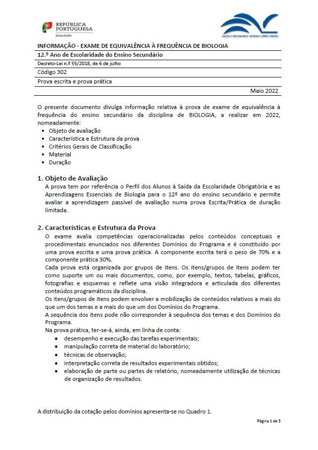 Informação prova de equivalência à frequência