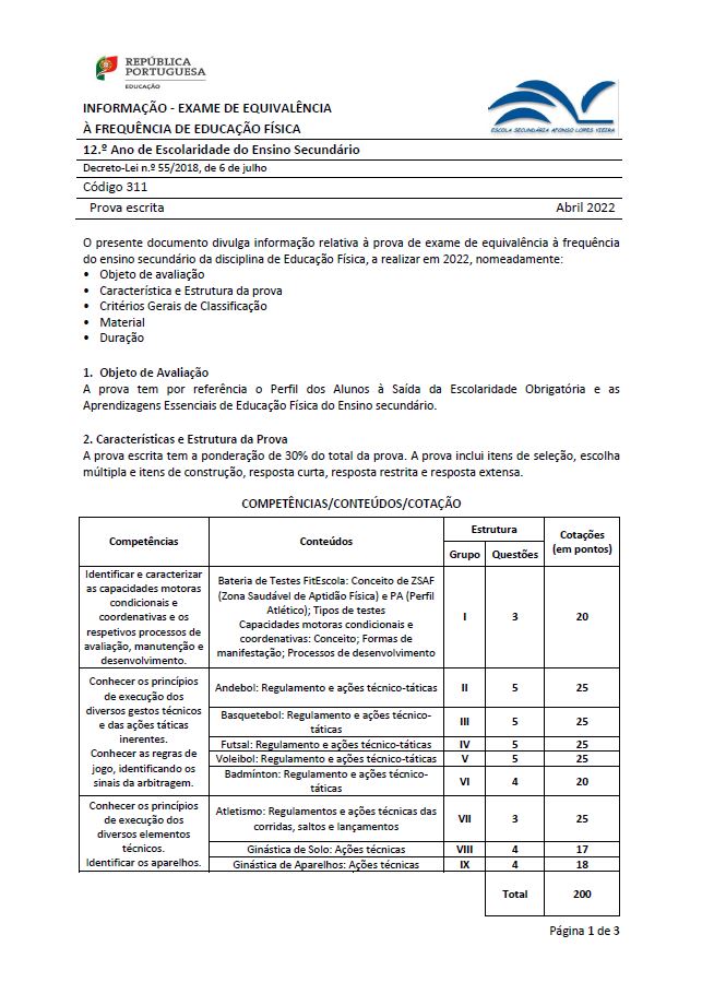 Informação prova de equivalência à frequência