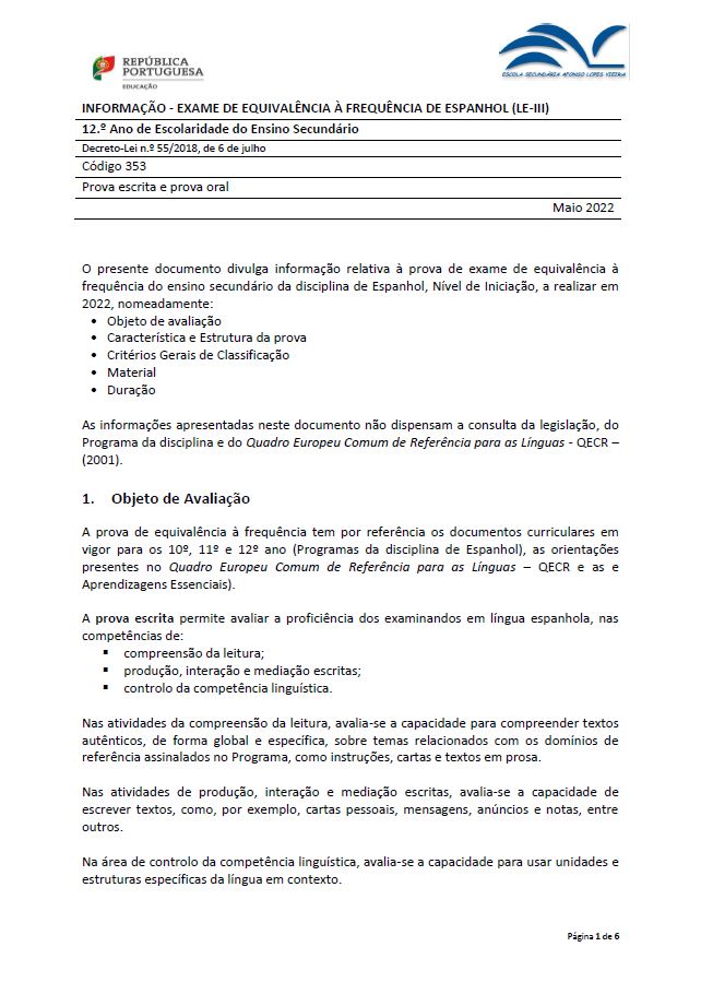 Informação prova de equivalência à frequência