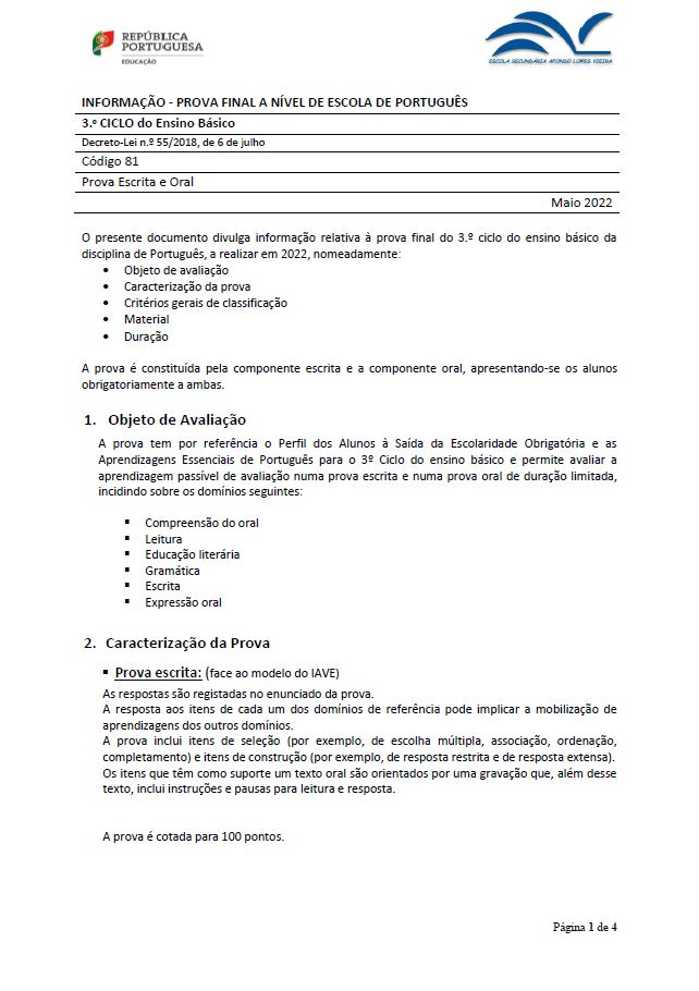 Informação prova de equivalência à frequência