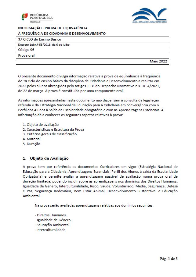 Informação prova de equivalência à frequência