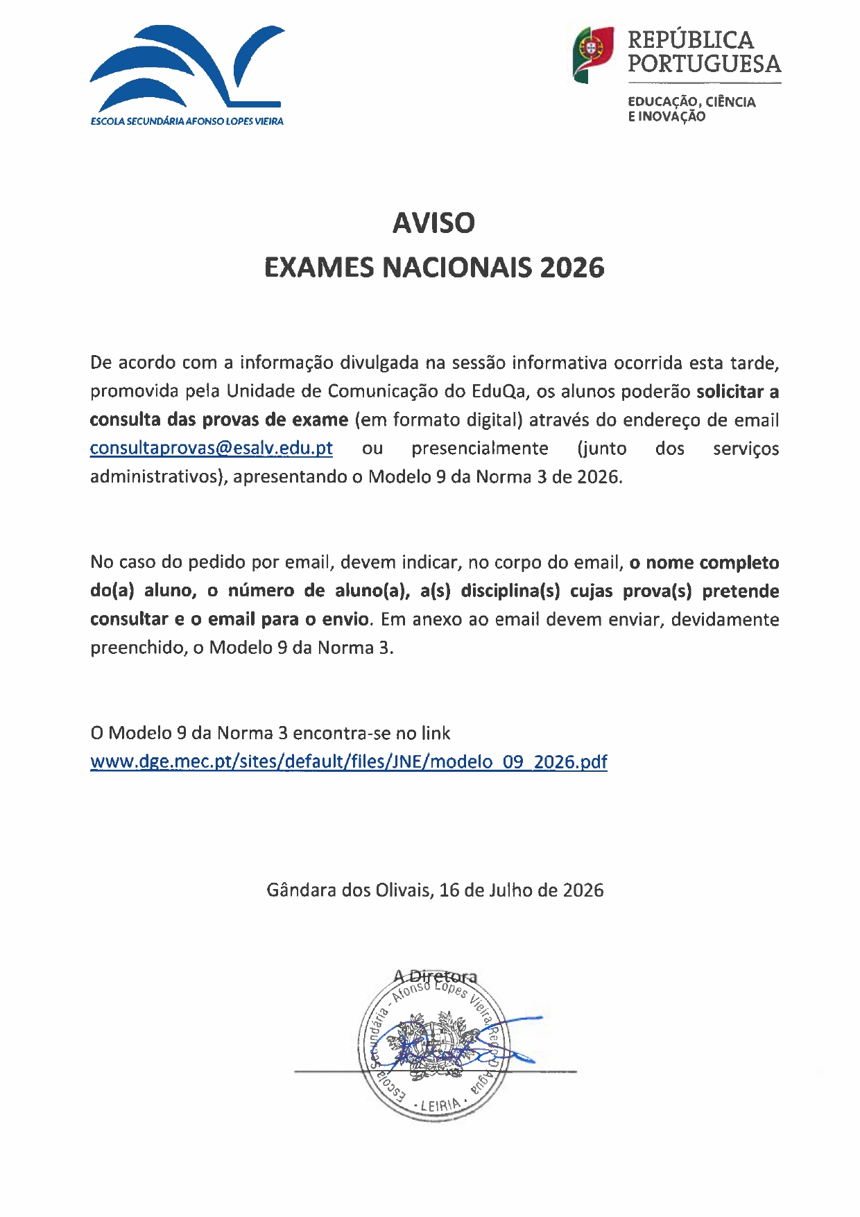 AVISO consulta de provas dos exames de 2026 page 0001