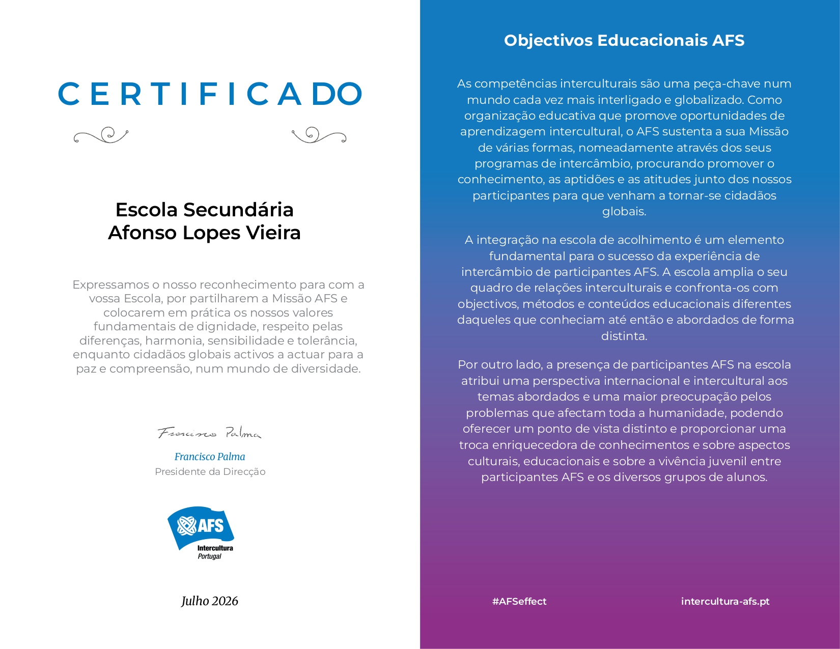 Certificado Escola de Acolhimento AFS Escola Secundária Afonso Lopes Vieira page 0001